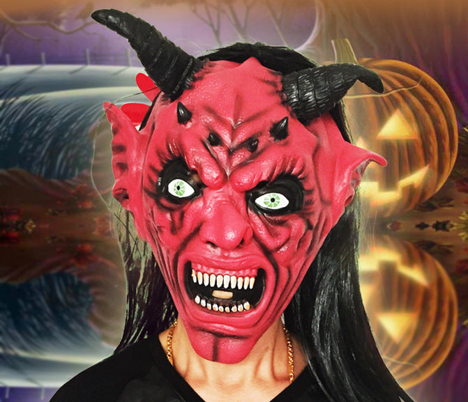 Halloween Scary Latex Devil Head Face Mask Long Hair Party Cosplay Costume Props