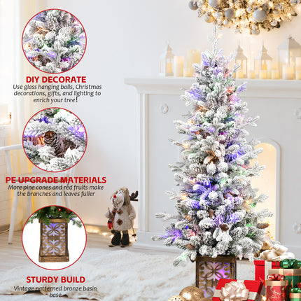 4ft Pre-lit Potted Porch Christmas Tree Small Slim Christmas Tree With Multicolor Lights Twinkle Potted Xmas Tree With Mixed PE, Metal Glint Basin, 8 Color Mode For Entrance, Yard,Pathway Decor