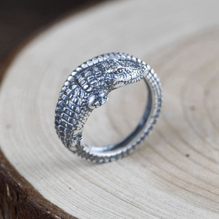 Retro Matte Craft Adjustable Ornament Crocodile Silver Ring