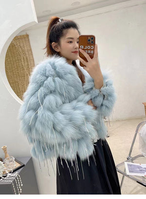 Fox Fur Fur Coat Female Short Tassel Thicken Coat