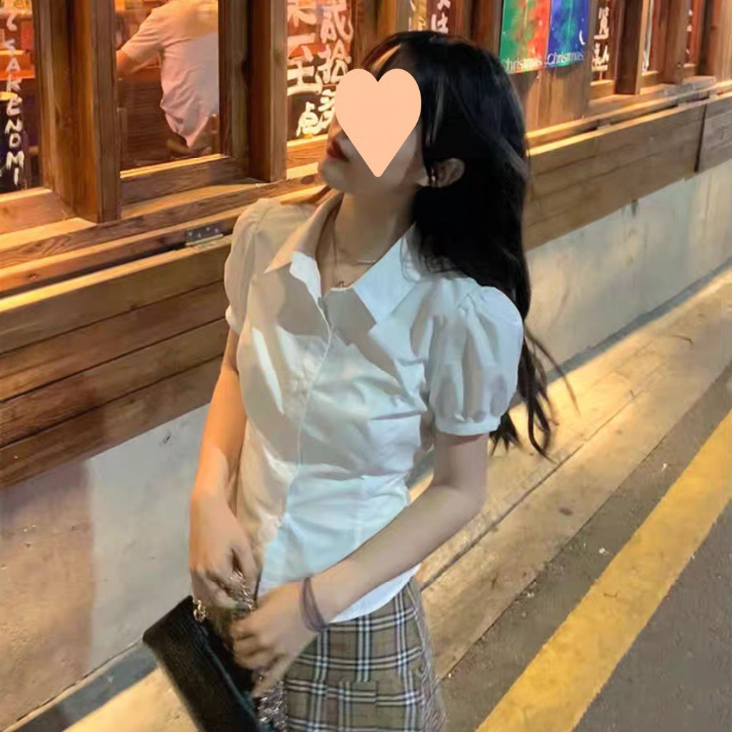 White Short-sleeved Bubble Sleeve Shirt Women