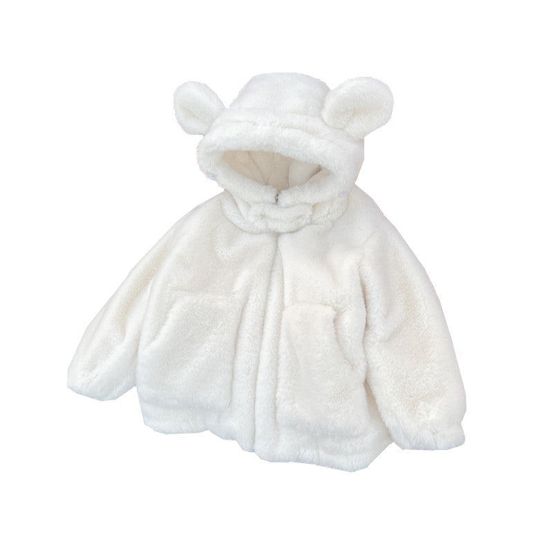 Bear Hooded Plush Cotton-padded Coat Thickened Warm Mid-length Jacket