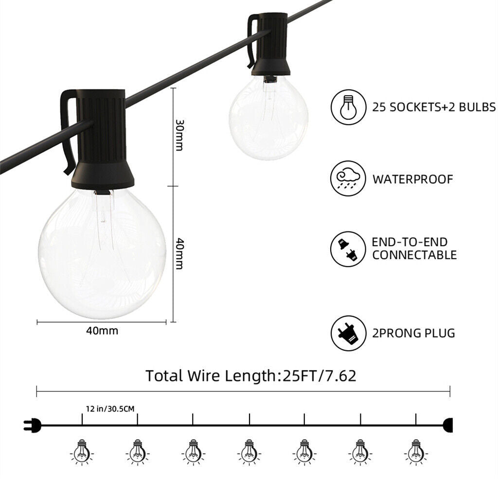 25-50FT Outdoor Festoon Globe String Fairy Lights G40 Bulbs Garden Wedding Home