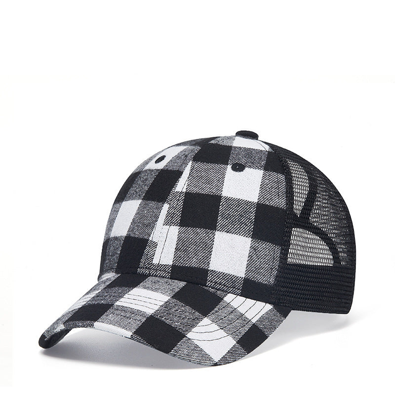 Women's Baseball Korean Style Wild Black And Red Plaid Curved Brim With Mesh Cap
