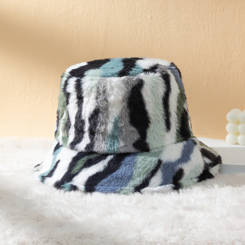 Plush Gradient Zebra Pattern Fashionable And Versatile Retro Trend Warm Basin Hat