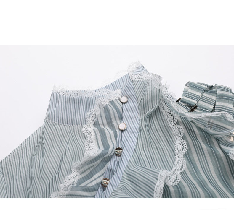 Short Shirt Women Spring Green Striped See-through Organza Turtleneck Patchwork Sexy Top