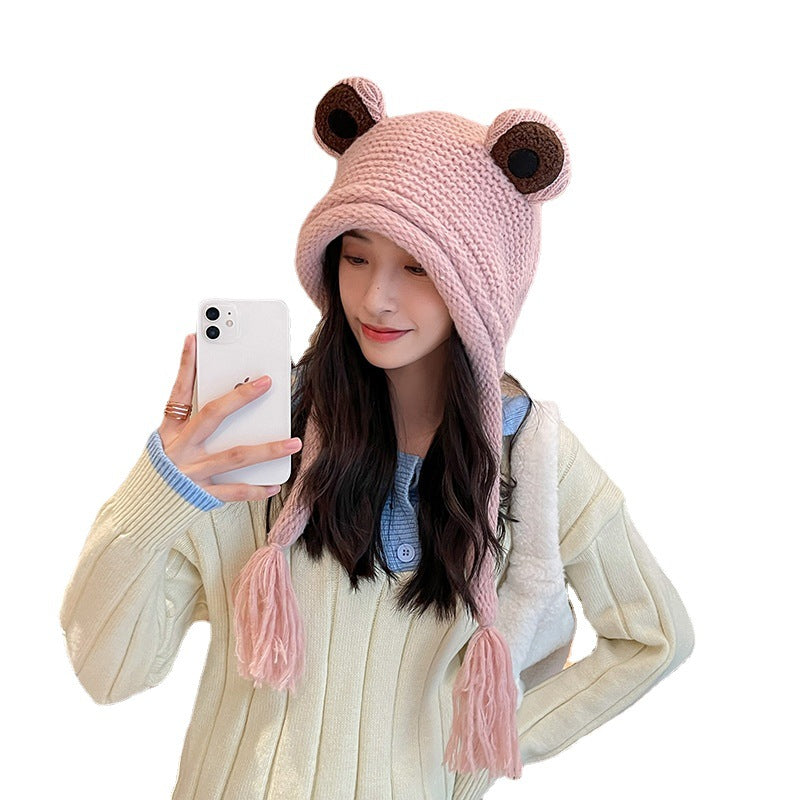 Frog Knitted Warmth Neck One Piece Woolen Hat For Women
