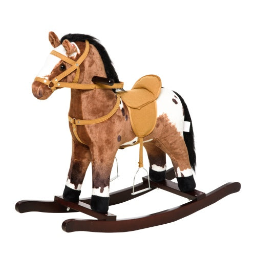 Qaba Kids Metal Plush Ride-On Rocking Horse Chair Toy With Realistic Sounds - Dark Brown White