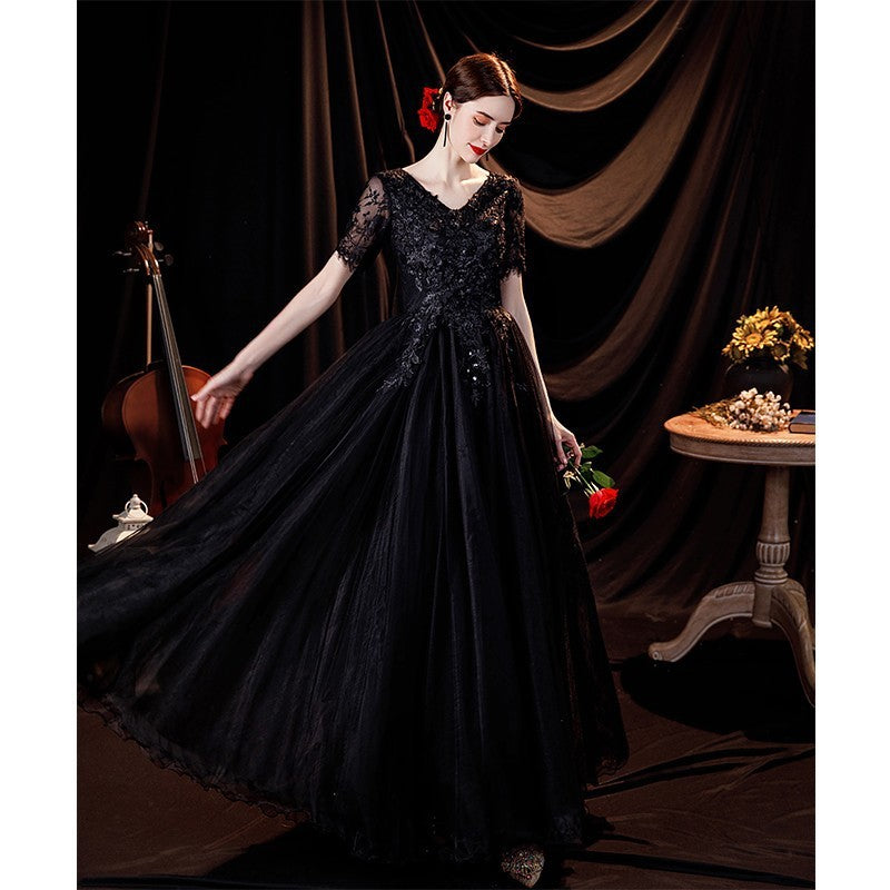 Elegant Black Deep V-neck Evening Long-sleeve Wedding Dress