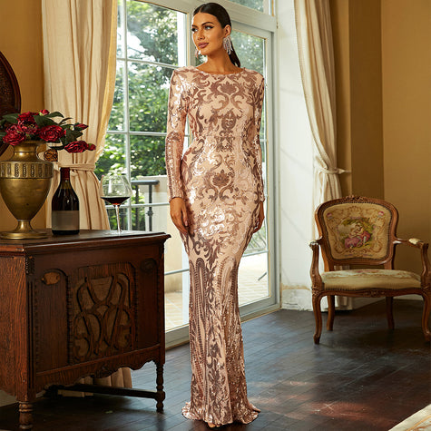 High-end Long Sleeve Temperament Crew Neck Sexy Long Sequined Banquet Evening Dress party