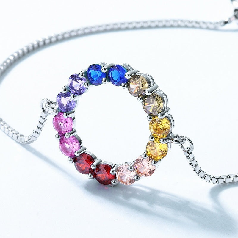 Silver Rainbow Circle Colored Gems Bracelet Color