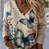 Women's Fashion Casual Knitted Printed Loose V-neck Sweatshirt