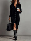 Turn-Down Collar Buttons Chic Casual Dress, Women Spring Autumn Solid Simple Party Dress, Long Sleeve Holiday Ladies Dress