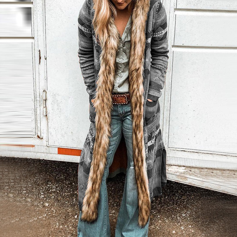 Winter Fur Collar Long Sleeve Printed Coat