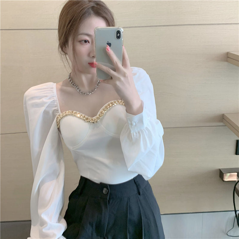 French Heart Machine Off-shoulder Chain Square Collar Top