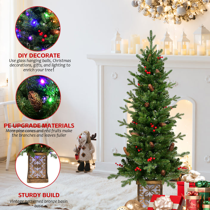 4ft Pre-lit Potted Porch Christmas Tree, Small Slim Christmas Tree With Multicolor Lights, Twinkle Potted Xmas Tree With Mixed PE, Metal Glint Basin, 8 Color Mode For Entrance, Yard,Pathway Decor