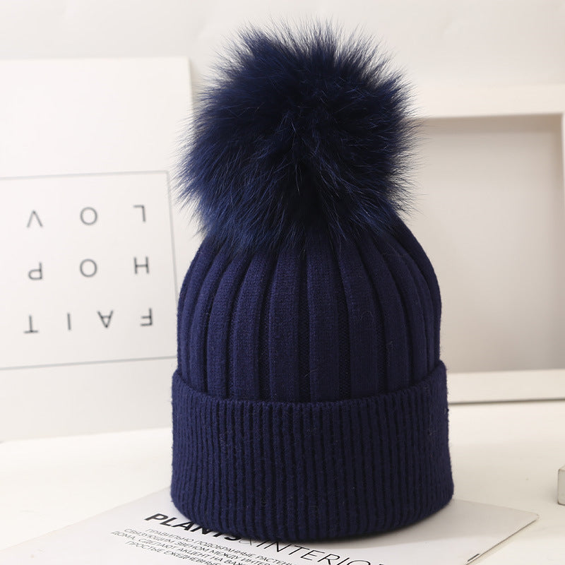 Boys And Girls Woolen Fox Fur Ball Knit Hat