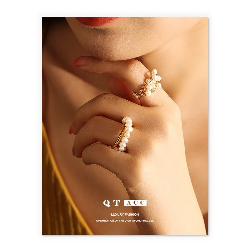 Retro Elegant Brass Plated 18K Real Gold Natural Pearl Ring