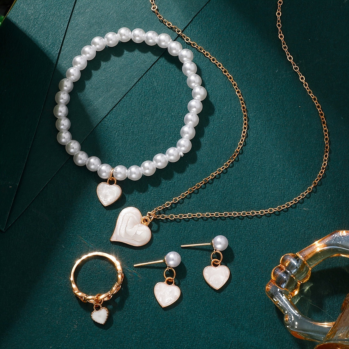 Girls Jewelry Cute All-match Oil Drop Heart Necklace Earrings Ring Bracelet Four-piece Set