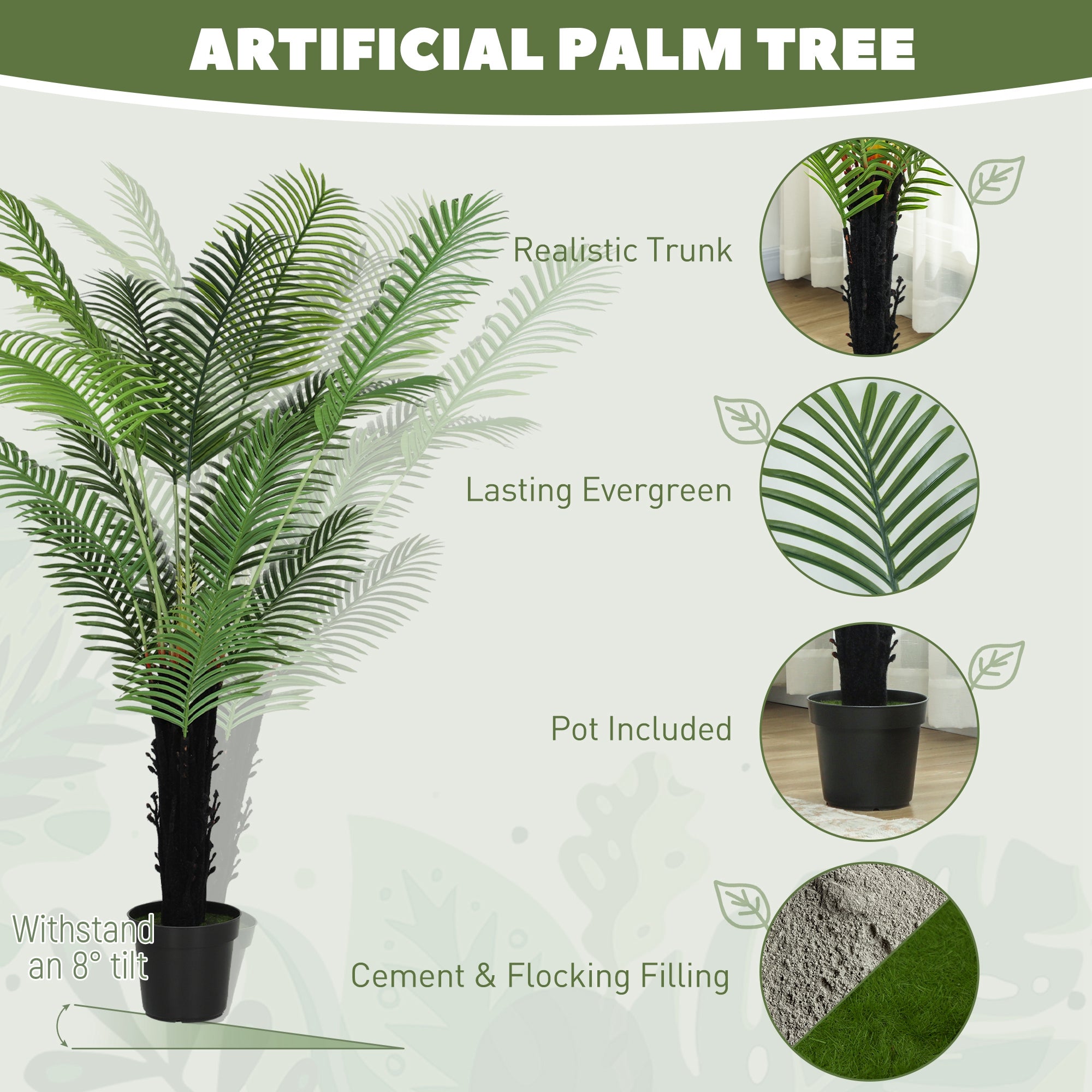 175cm Artificial Areca Palm Tree With 16 PE Leaves, Decorative Artificial Plant With Plastic Pot And Flocked Soil, Fake Plant For Home Office Decor, Green