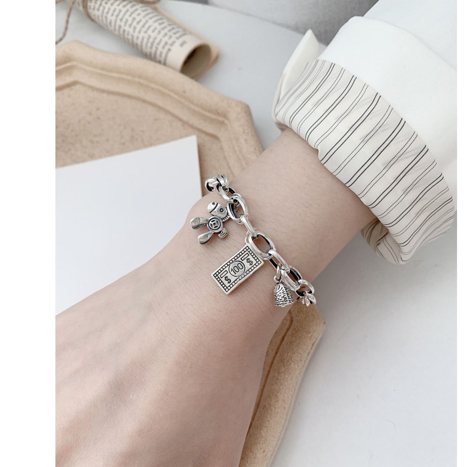 925 Sterling Silver Vintage Bracelet Women's Ins Chic Pony Coin Bracelet