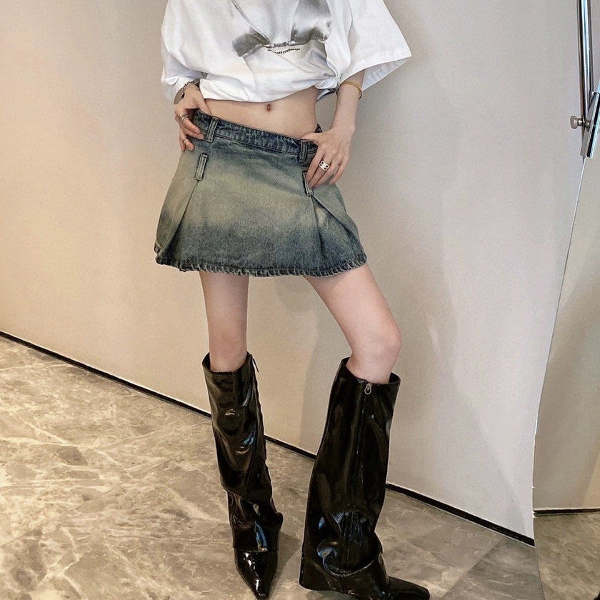 Washed Distressed A- Line Denim Skirt