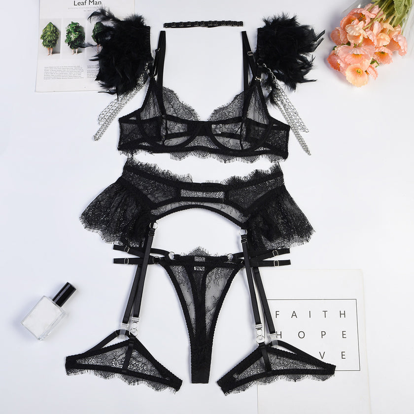 Feather Lace Chain Heavy Industry Underwear Suit In Stock Women