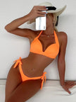 Solid Color Neck Bikini Strap Split Hard Cup Crimp Swimsuit