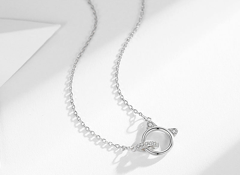 Cute Kitten Light Luxury Minority Design Diamond Ring Buckle Necklace INS