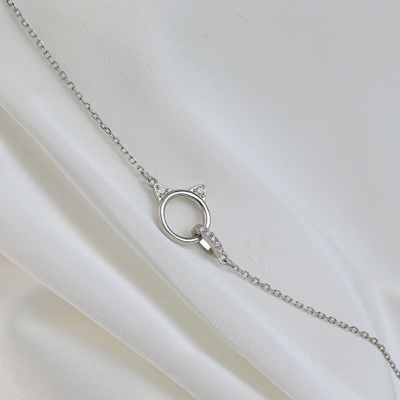 Cute Kitten Light Luxury Minority Design Diamond Ring Buckle Necklace INS