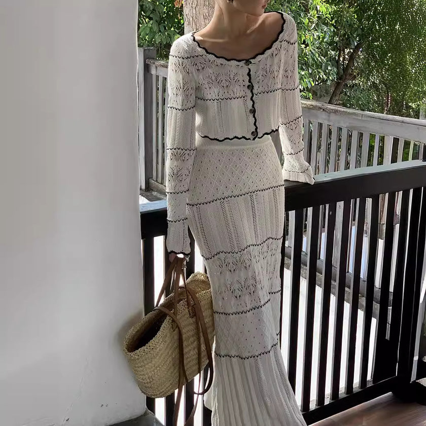 Openwork Knitted Top Skirt Two-piece Set