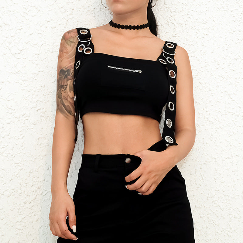 Black Tank Top Women Sleeveless Cropped Tops Tees Shirt Hollow Out Sexy Bustier Top
