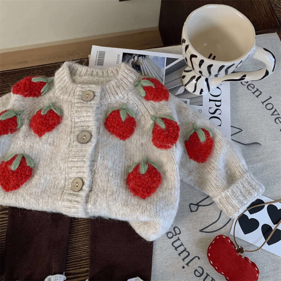 Baby Strawberry Knitted Coat Cardigan Two-piece Set
