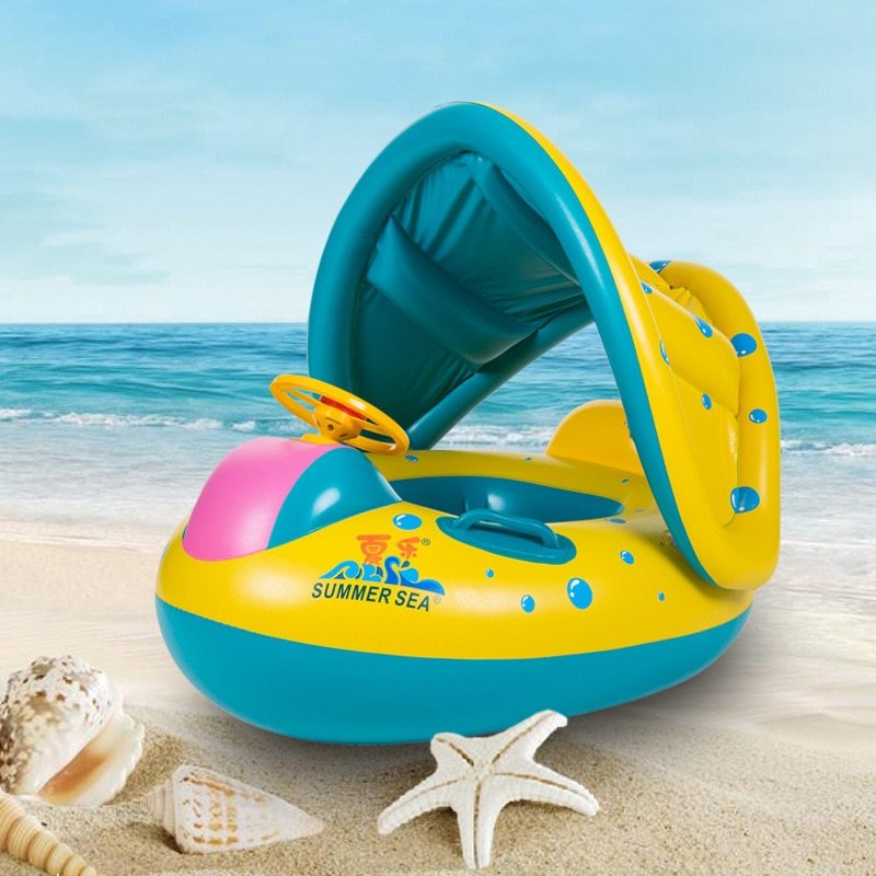 Baby Swimming Boat With Armrests, Baby Swimming Ring, Children'S Inflatable Swimming Seat Ring Awning Yacht