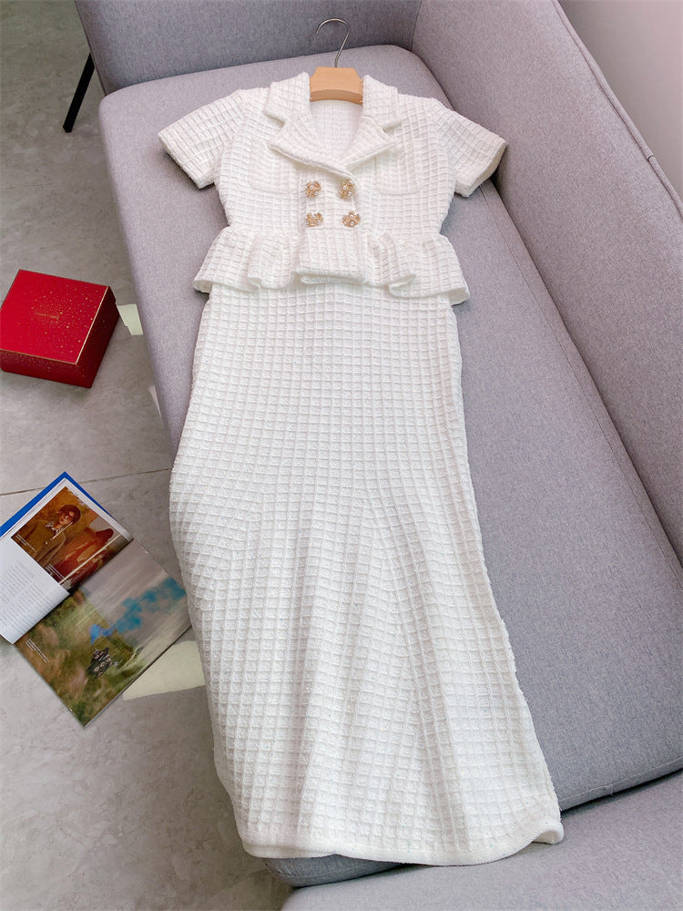 Classic Style Pure White V-neck Drill Buckle Dignified Hollow Knitted Dress
