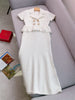 Classic Style Pure White V-neck Drill Buckle Dignified Hollow Knitted Dress
