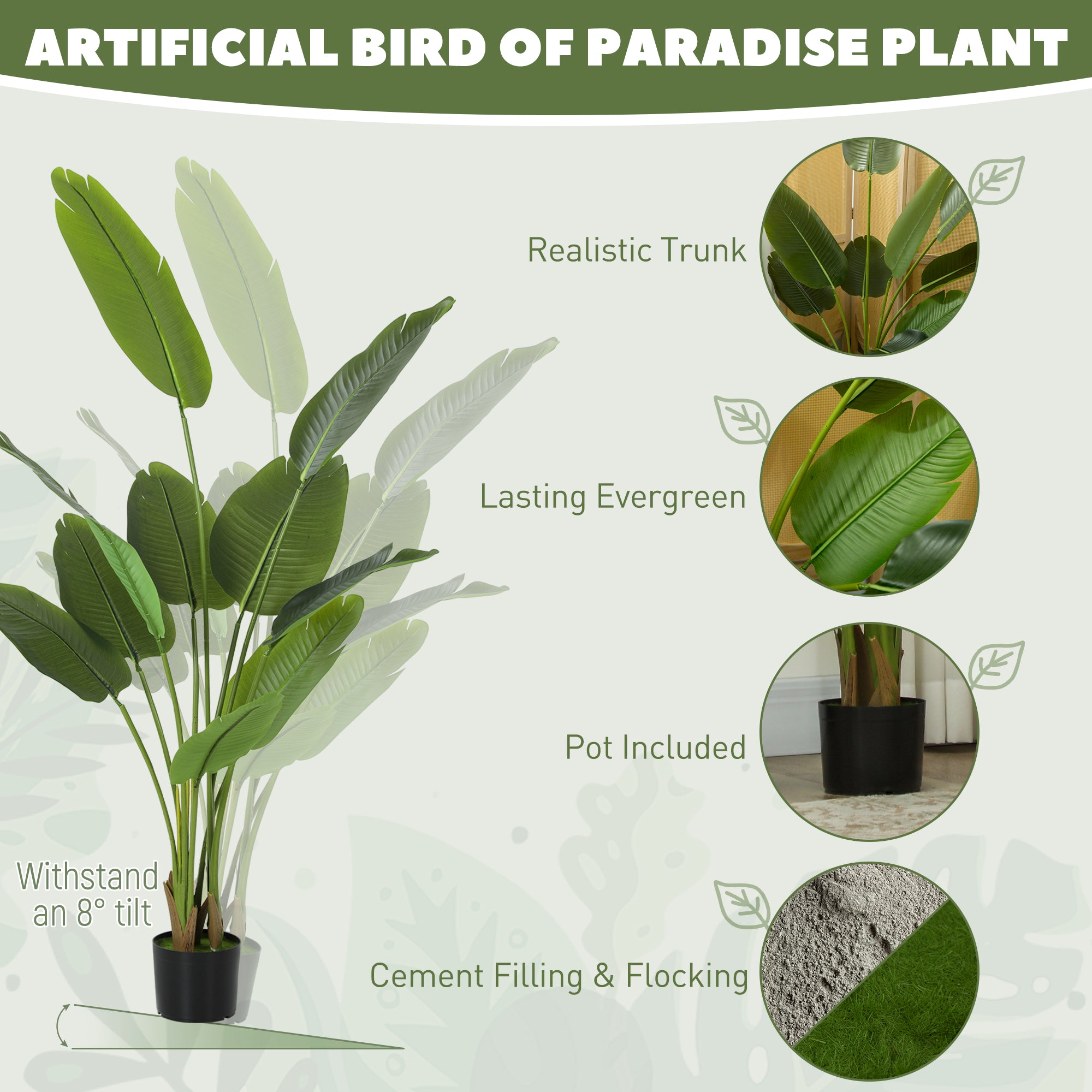 160cm Tall Artificial Bird Of Paradise Plant, Faux Banana Leaf Tree With PEVA Leaves And Flocking, Decorative Palm Tree In Pot For Home Office Decor, Green