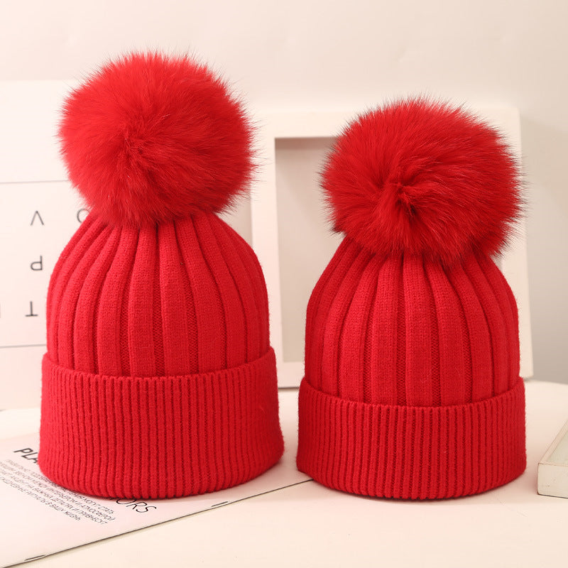 Boys And Girls Woolen Fox Fur Ball Knit Hat