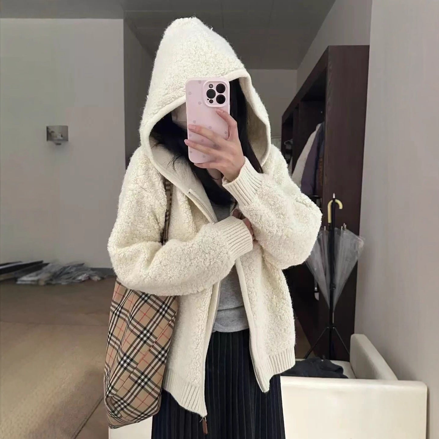 New Warm Particles Lamb Wool Zipper Hooded Coat For Women All-matching