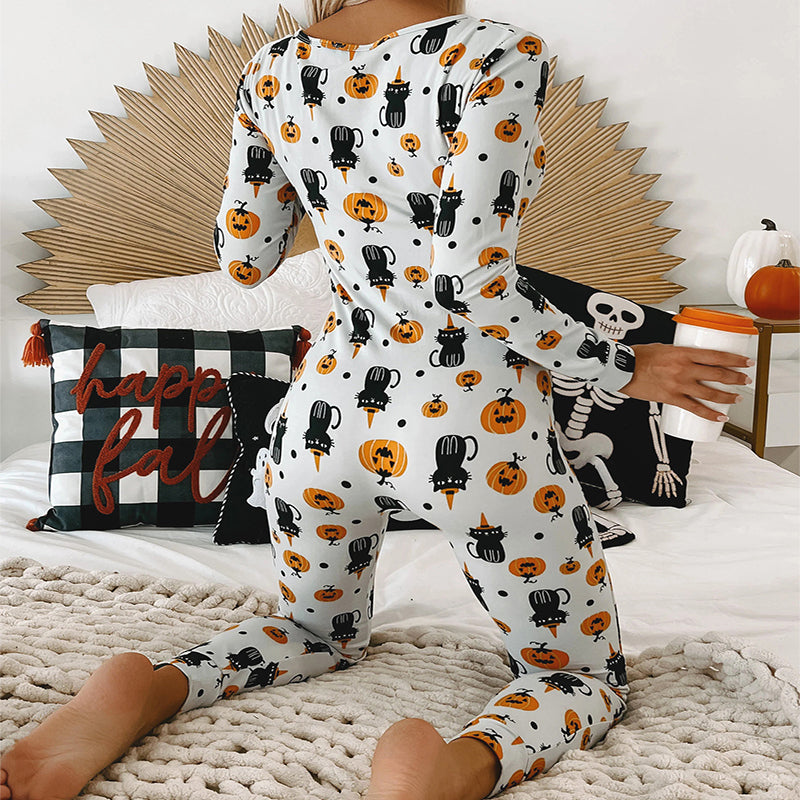 Halloween Printed Jumpsuit Long Sleeve Home Pajamas