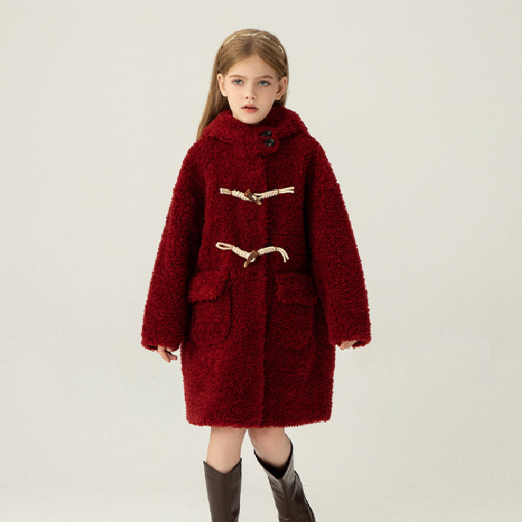 Girls' Simple Solid Color Tiglado Wool Coat