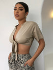 Solid Color Rope Wrapped Chest Short Sleeve Top For Women
