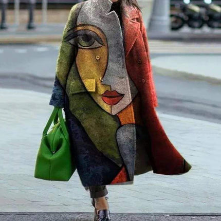 Long Sleeve Lapel Coat Printed Woollen Coat
