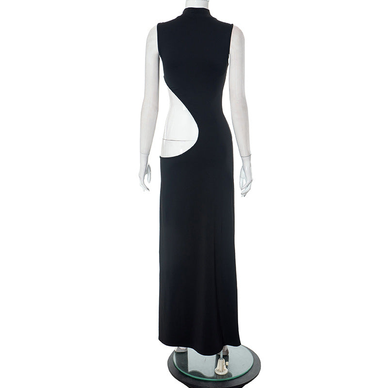 Solid Color Round Neck Sleeveless Hollow-out Hot Girl Dress