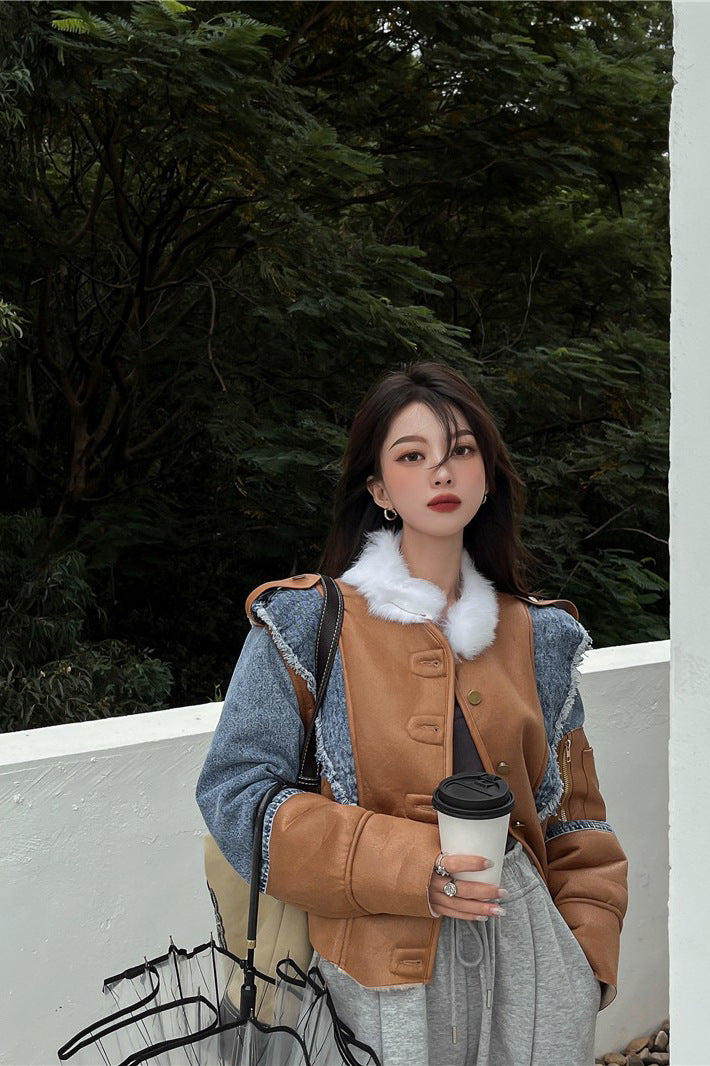 Splice Denim Lamb Fur Coat Women