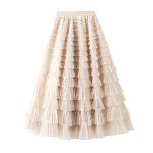 A-Line Mesh Ruffle Skirt Women's Temperament Sweet Long Skirt Slim Cupcake Dress Womens Clothing