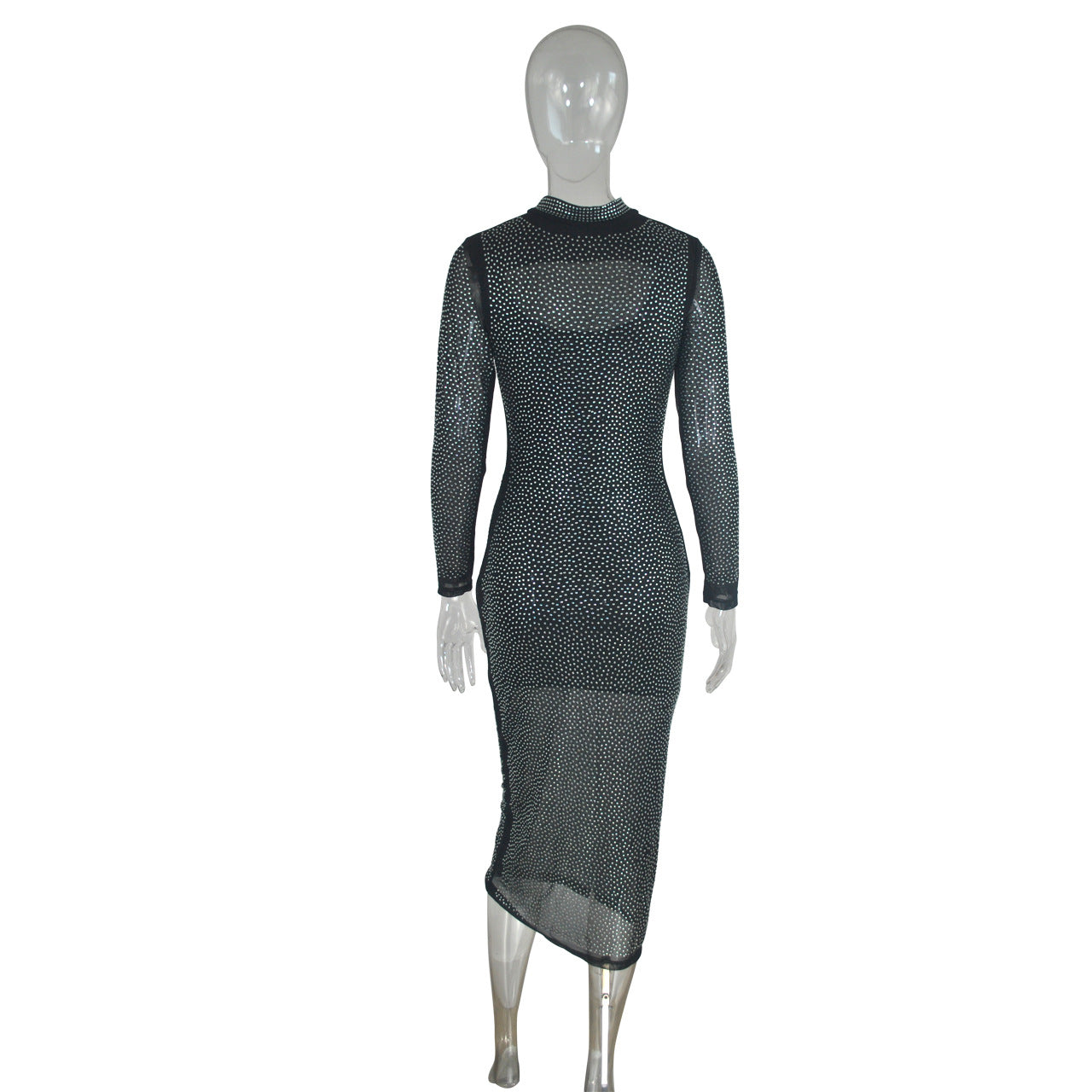 Long Sleeve Net Yarn Hot Rhinestone Dress Nightclub Dress