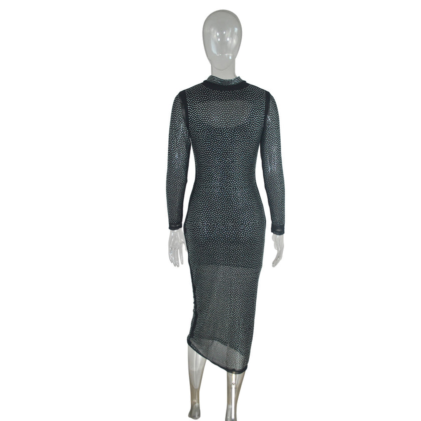 Long Sleeve Net Yarn Hot Rhinestone Dress Nightclub Dress