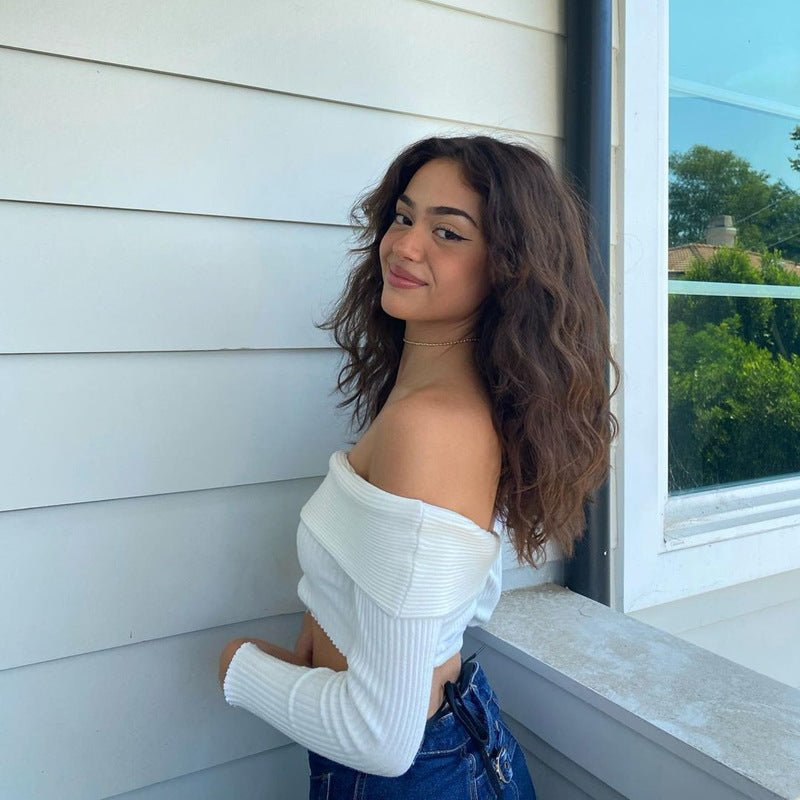 Slotted Collar Splice Super Short Long Sleeve Top Women's Wear