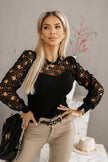 Sexy Hollow Out Lace Lace Patchwork Round Neck Long Sleeve Shirt